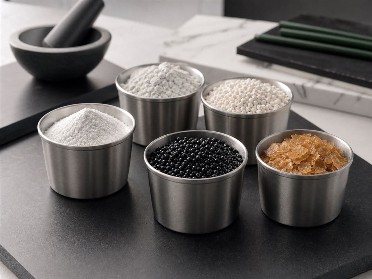 Industrial additives presented as powders, flakes and pellets in sample cups