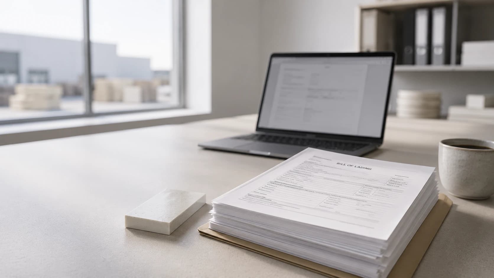 Modern office workspace with shipping documents and polymer samples — Essencia Trade's trading desk