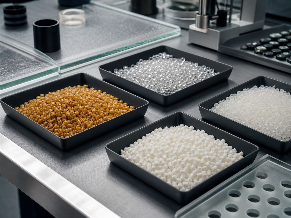 Engineering polymer samples organized on a technical materials bench