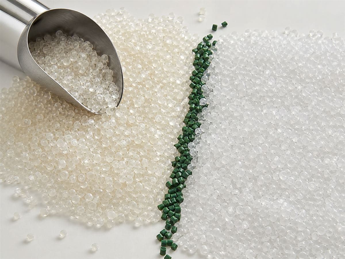 Natural plastic resin pellets arranged with a green masterbatch accent