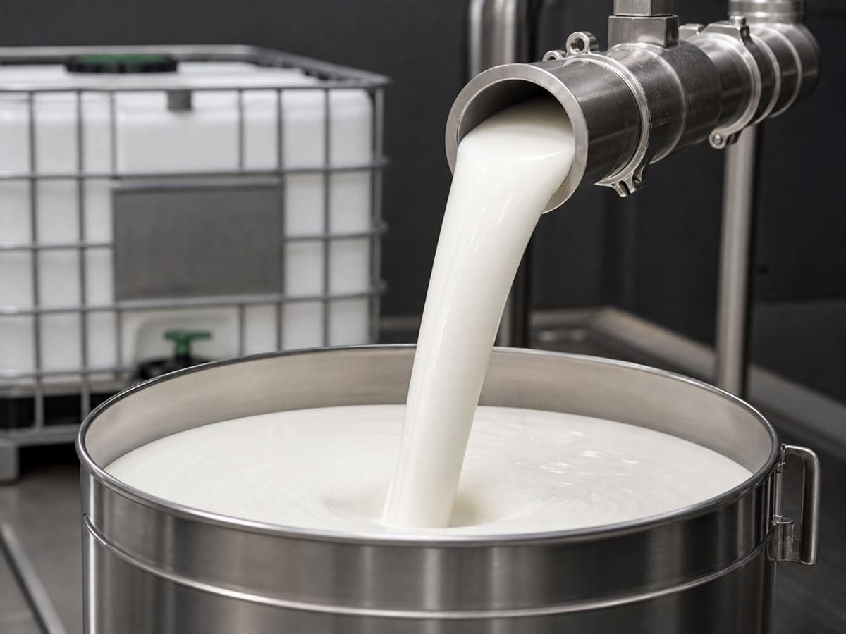 Synthetic rubber latex flowing into a stainless steel process vessel