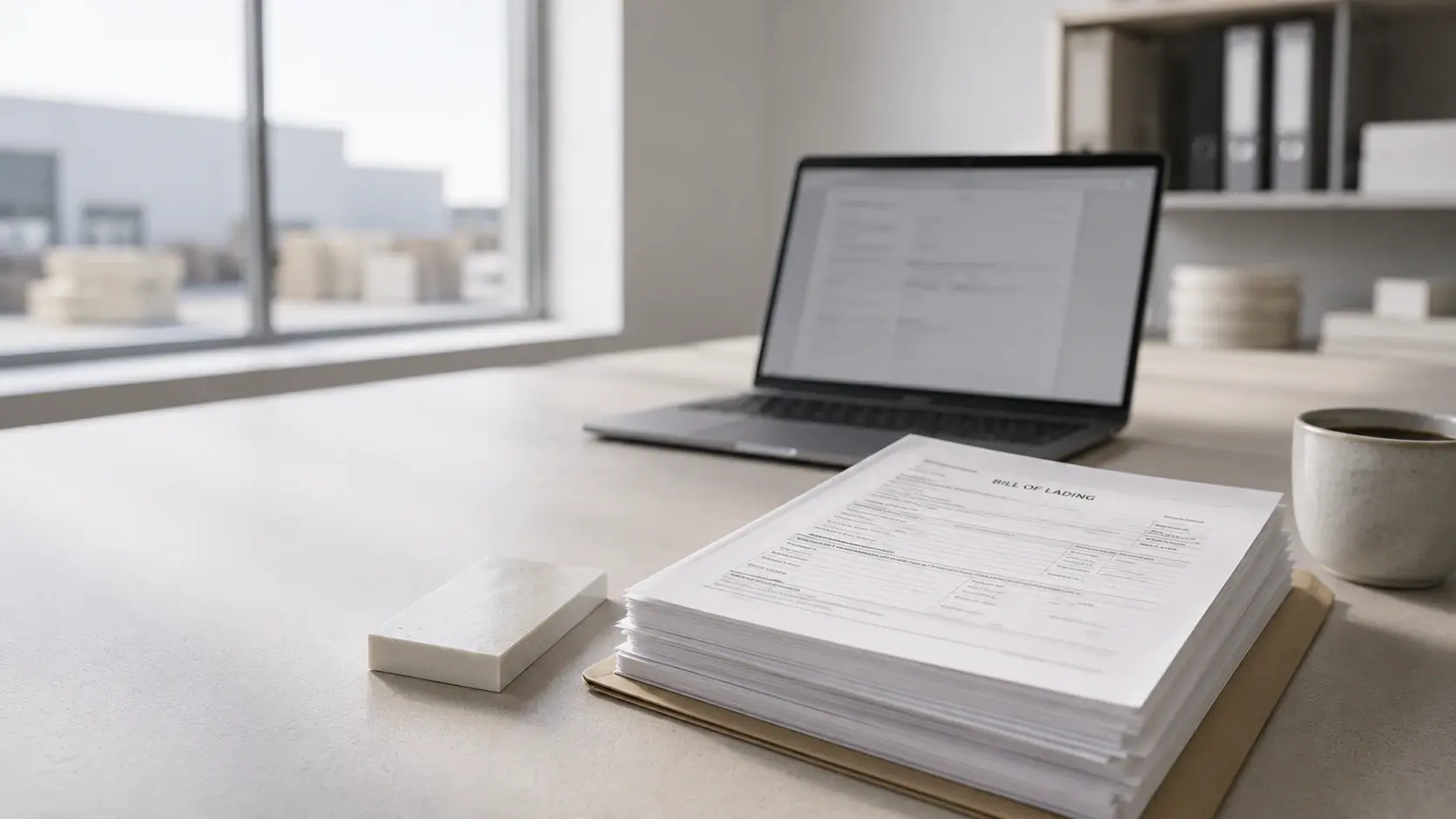 Modern office workspace with shipping documents and polymer samples — Essencia Trade's trading desk Modern office workspace with shipping documents and polymer samples — Essencia Trade's trading desk